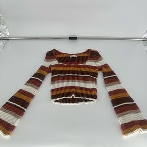 Hollister Striped Ribbed Crop Sweater in Rust, Mustard & Cream